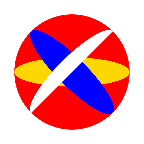 red circle with yellow ellilpse, tilted blue ellipse and whit half-ellipse